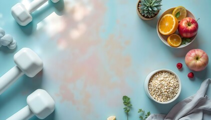 Healthy lifestyle and fitness concept. Dumbbells, apple, carrot, pomegranate and oatmeal on blue background