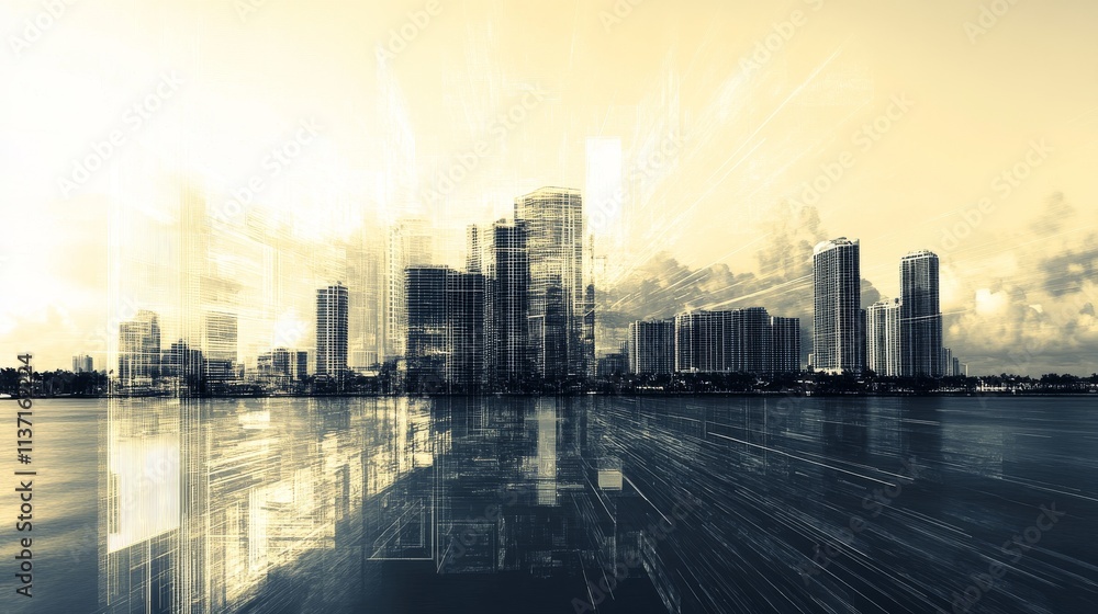Poster a digitally enhanced urban cityscape featuring skyscrapers and a futuristic overlay. the architectur