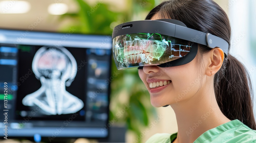 Poster female healthcare professional using advanced augmented reality headset for medical visualization an