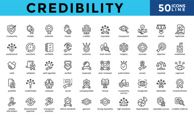 Credibility icons set with trustworthy, reliable, authentic, honest, credible, reputable, transparent, dependable, ethical, legitimate icon. Simple line vector 
