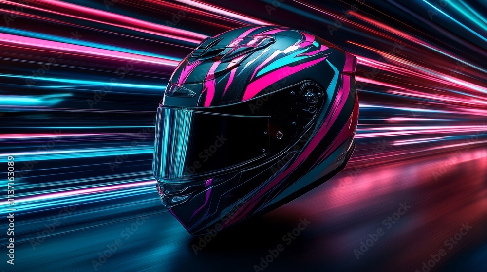 Poster a dynamic image of a high-tech motorcycle helmet with vibrant neon lights in motion, emphasizing spe
