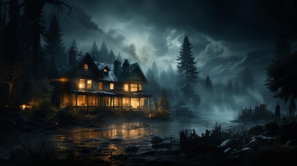 Fototapeta premium A house with a porch and a lake in the background