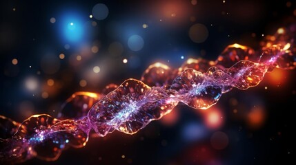 A long, colorful strand of DNA is shown in a blurry, abstract style