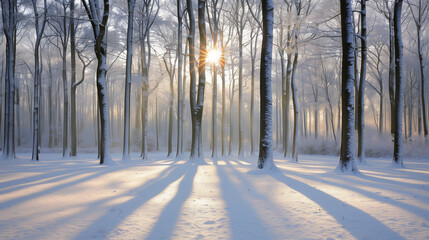 Sunrise Snow-Covered Winter Forest Landscape with Tall Trees, Sunlight Penetrating Pine and Spruce Branches, Casting Long Shadows &ndash; A Magical Scene for Nature Enthusiasts and Wallpaper Background