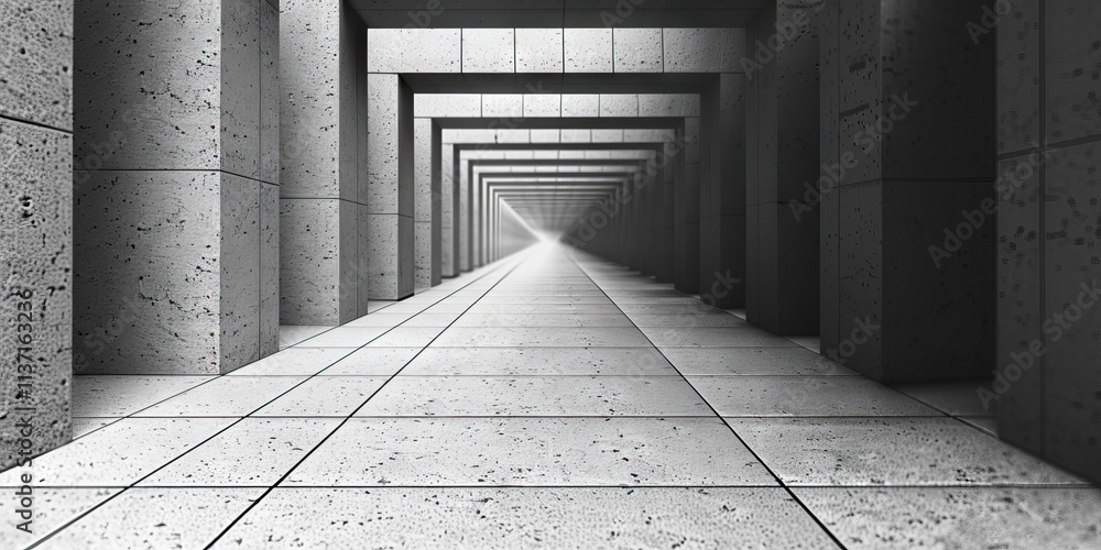 Poster grayscale image of a concrete corridor with tiled floor