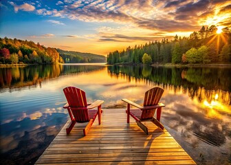 Naklejka premium Serene sunset paints the Adirondack chairs on a peaceful lake dock, low light capturing tranquility.