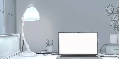 Illustration of Workspace with Desk Lamp and Laptop