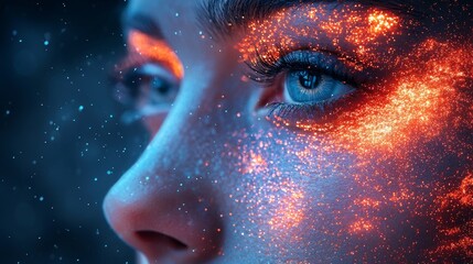 Naklejka premium Close-up of a woman's face with glowing cosmic texture