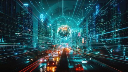 Obraz premium Cyberpunk Cityscape with Globe and Digital Lines