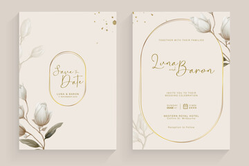 Aesthetic Wedding Invitation Template with Vintage White Flower Watercolor Arrangement