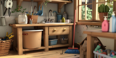 Digital Rendering of a Wooden Workbench and Utility Sink with Cleaning and Gardening Supplies