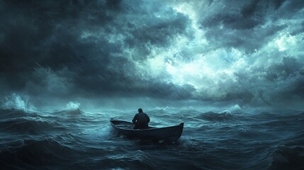 A lone man rows his boat across a dark and stormy sea, under a brooding night sky filled with ominous clouds. The scene is atmospheric, highlighting themes of isolation, determination, and survival