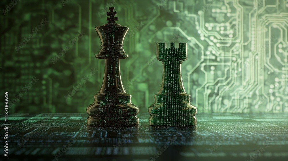 Poster two chess pieces, a king and rook, stand on a digital background resembling a futuristic circuit boa