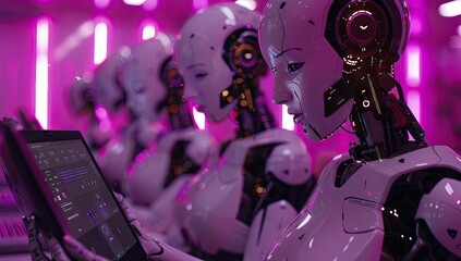 Fototapeta premium AI Workforce: Robots Working with a Tablet in Pink Lighting