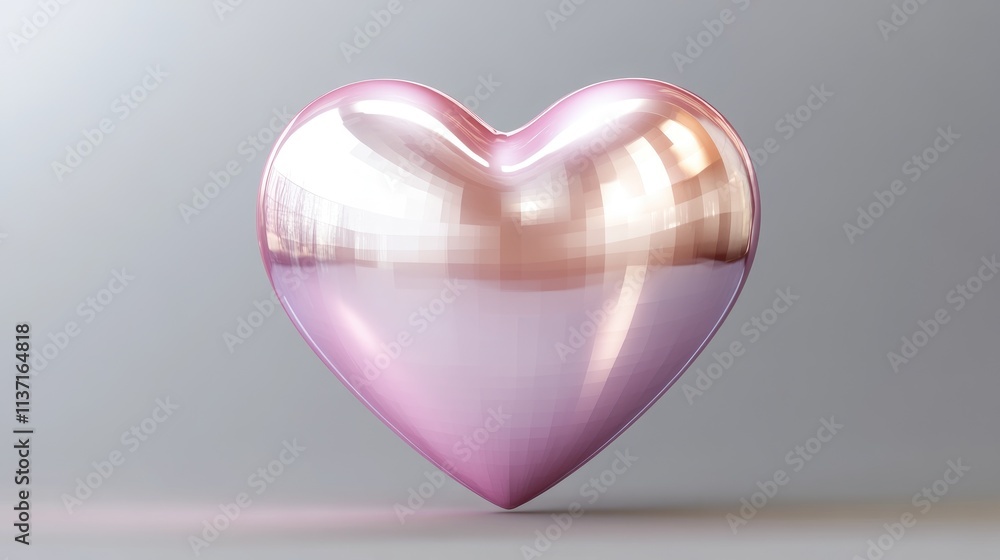 Aufkleber shiny pink heart shaped object on grey background with reflection