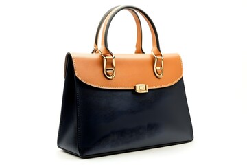 A stylish handbag featuring a two-tone design with a structured shape and elegant handles.