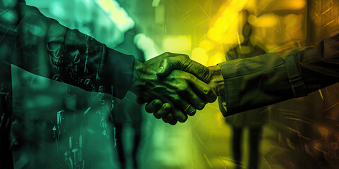 Handshake with Overlaid Weaponry and Figures