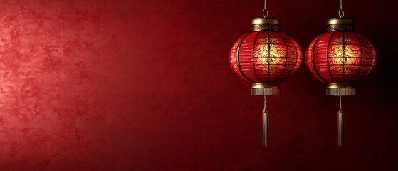 Three ornate red lanterns with gold detailing hang against a deep red wall, perfect for Chinese New Year celebrations, festive invitations, or cultural events.