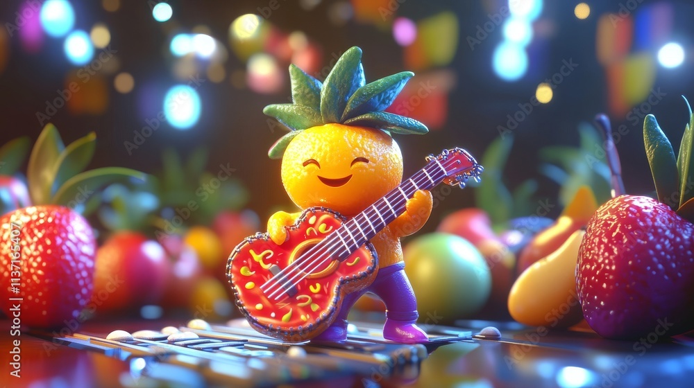 Poster a joyful pineapple character strums a colorful guitar in a lively scene filled with bright fruits. t