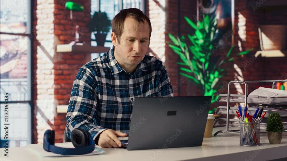 Poster remote employee calls managers remotely using internet videocall to ask for feedback on project prog