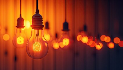 Warm Glow of Edison Bulbs Hanging Against a Wooden Background
