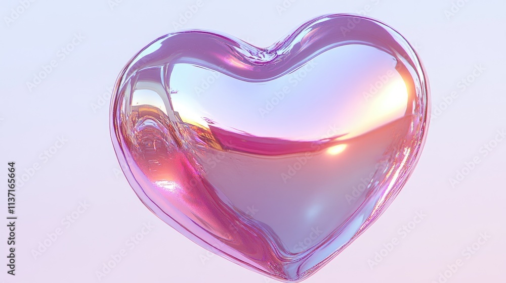 Poster shiny heart-shaped balloon with reflective surface in soft background