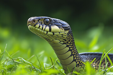Fototapeta premium Indian cobra standing upright and staring intently at something off camera.