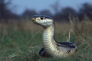 Fototapeta premium Indian cobra standing upright and staring intently at something off camera.