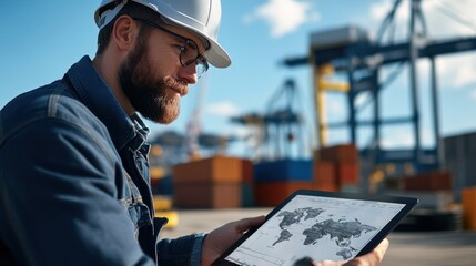 Construction worker using tablet with world map in busy shipping yard surrounded by containers and cranes