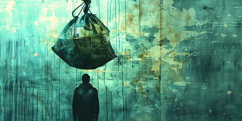 Silhouetted Man and Suspended Bag of US Currency