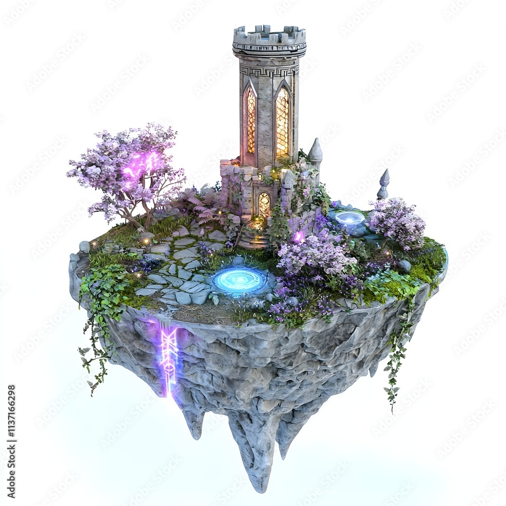 Poster a floating island featuring a mystical tower surrounded by trees and glowing elements.