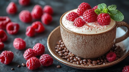 Cup of hot chocolate with fresh raspberries and mint leaves