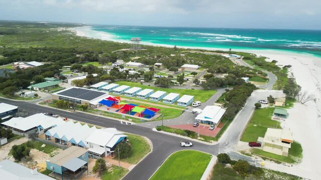 Breathtaking aerial shot of Lancelin's coastline and town, with clear blue waters in Western Australia