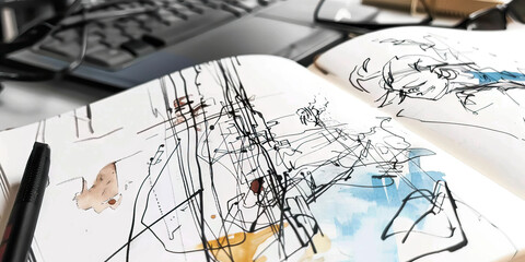 Sketchbook with Abstract Ink Drawings, Watercolor, and Figure Sketch