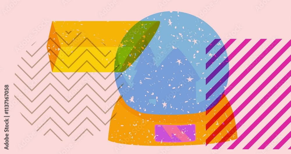 Poster risograph snow globe with geometric shapes animation. moving object in trendy riso graph design vide
