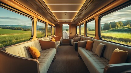 Fototapeta premium Luxurious Train Interior Scenic Countryside View