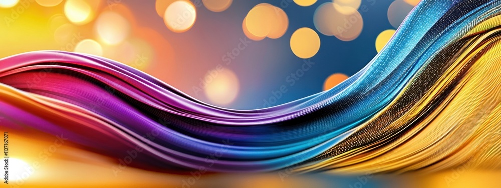 Poster vibrant and colorful waves flowing across a soft focus background with glittering bokeh lights shini