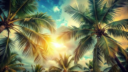 Coconut palm tree foliage under sky. Vintage background. Retro toned poster, coconut palm, tree, foliage, sky, vintage