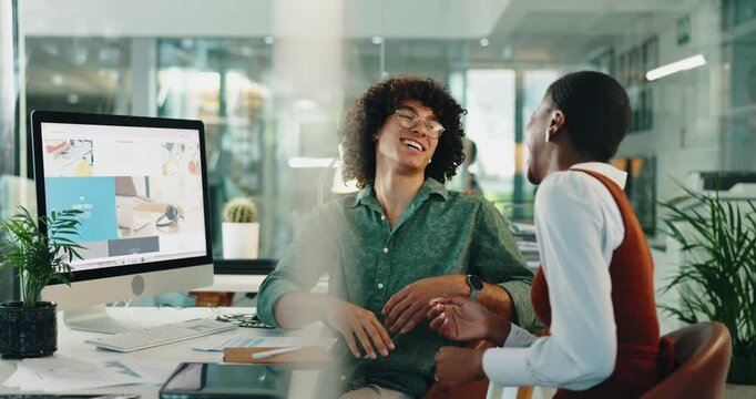 Creative, planning and business people at computer with high five, collaboration or success on website. Happy, celebration or webdesign team in office for online project development at digital agency