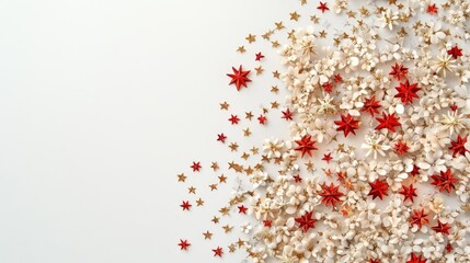 Decorative Red and Gold Stars and Flowers on White Background