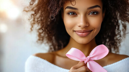 Smiling young woman is holding a pink ribbon, symbolizing hope and support for breast cancer awareness