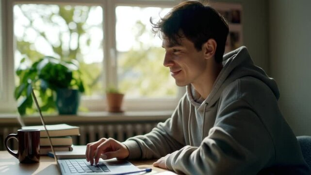 Male college student using his laptop to study and complete assignments at home