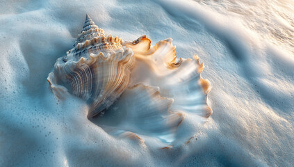 A photograph of a seashell on a beach, captured in high definition