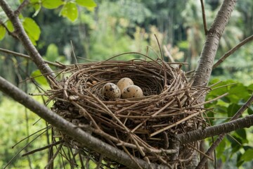 Obraz premium Close-Up of a Birds Nest with Speckled Eggs Resting on a Tree Branch in a Forest Setting