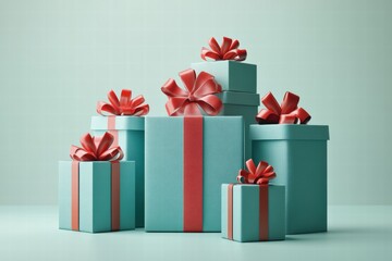 Obraz premium Stack of Teal Gift Boxes with Red Ribbons