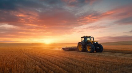 Scenic sunset over a wheat field with a tractor plowing, showcasing agricultural beauty and...