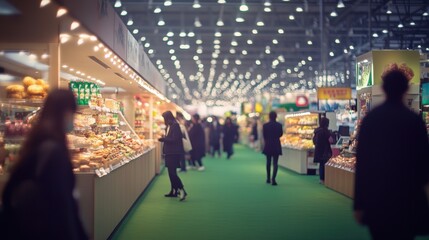 Busy marketplace with shoppers browsing various food stalls