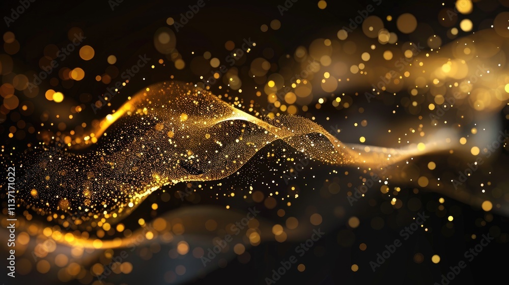 Poster abstract waves of golden light with sparkling particles on a dark background.