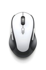 A sleek, modern computer mouse featuring a white top and black bottom, showcasing an ergonomic design ideal for comfortable use in an office or home workspace.