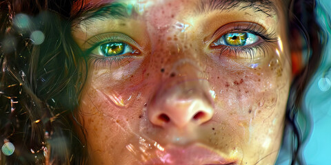 Close-up Portrait of a Woman's Face with Water Droplets and Freckles